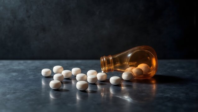 Pills scattered from a tipped bottle