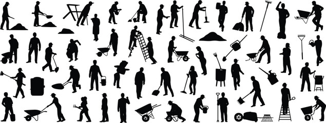 Construction and gardening worker silhouettes collection, laborers with wheelbarrow shovel rake ladder and tools isolated on white background flat vector illustration set © SreeShoyagini