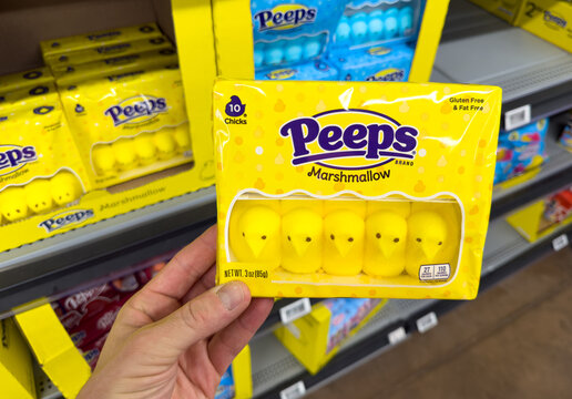 Peeps Marshmallow Easter Chicks Candy Package Held in Retail Store Aisle