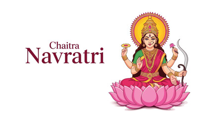 Obraz premium Illustration of Goddess Durga sitting on a pink lotus flower with multiple arms, surrounded by a halo, representing Chaitra Navratri, a significant Hindu Festival.