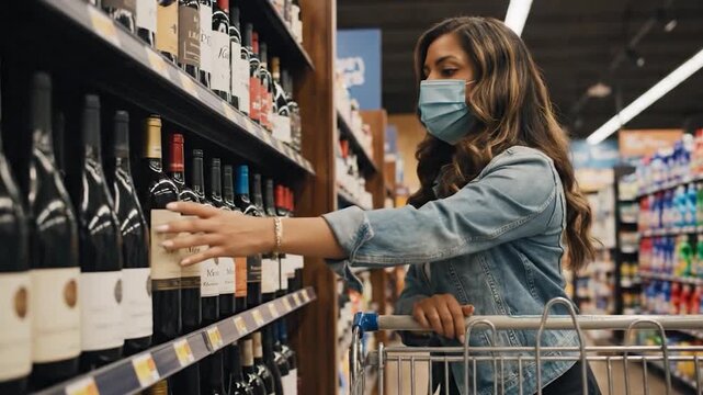 Woman in mask shops for wine in grocery aisle