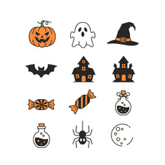 Obraz premium Halloween Icons Collection Spooky Digital Assets Pumpkin Ghost Witch Bat Haunted House Candy Spider Moon