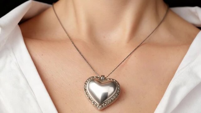 Elegant silver heart locket necklace on a woman's chest with white shirt