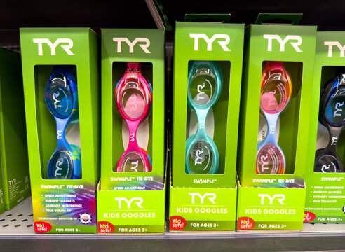 TYR Kids Swim Goggles Packages Displayed on Retail Store Shelf