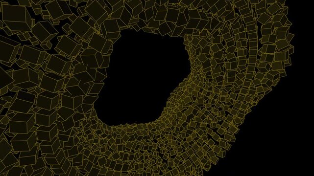 Seamless 4K procedural VJ loop of a brutalist monolithic torus rotating in 3D space with obsidian and gold lighting. Perfect for Resolume, stage visuals, projection mapping, and tech events.