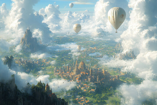Cityscape view from above clouds.