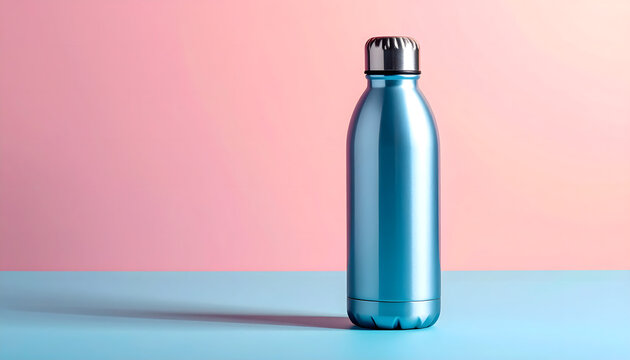 A blank transparent glass wine bottle and matching glass filled with clear liquid isolated on a white background as a clean 3d object
