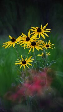 Beautiful black eyed susan flowers blooming in a summer garden, macro shot of rudbeckia hirta with vibrant yellow petals and dark centers swaying in the wind, cinematic nature background footage.