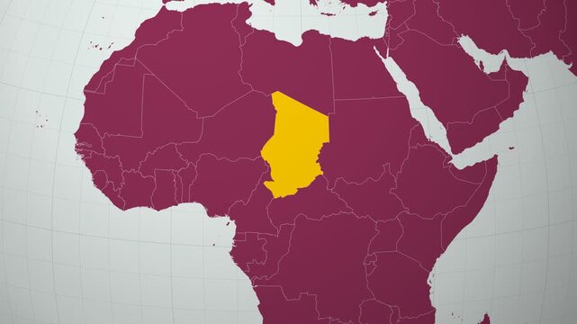 Chad map. Animated zoom into the country on the Globe in Pale Mint Dark Pink color palette. Country logo animation with round text and airplanes. Map with meridians, parallels. Neat video.