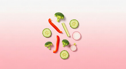 Naklejka premium Cut Mixed Fresh Vegetables Minimal Composition on soft pastel pink gradient