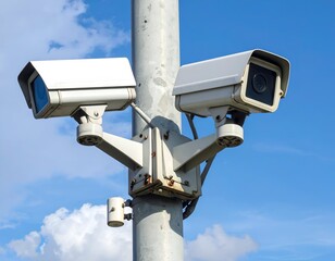 Two mounted security cameras, white casing, against a blue sky with clouds, affixed to a metal pole