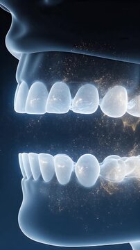 Animated CGI Medical Visualization of Adult Temporomandibular Joint Adaptation and Control with Glowing Dental Structures and Particle Effects on a Dark Blue Background