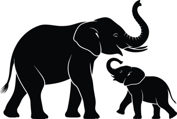 Elephant mother and baby silhouette, black wildlife animal pair isolated on white background for safari design and nature artwork © Shohan Creatives 