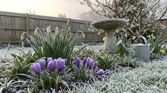 Frosty spring garden with purple crocus and snowdrops, quiet backyard morning mood with soft light, seasonal gardening and Easter renewal theme