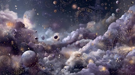 Fototapeta premium Celestial Dreamscape: A captivating illustration portrays a dreamlike cosmic scene, filled with swirling nebulas, celestial bodies, and intricate clockwork elements.