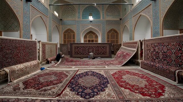 Grand hall of carpets featuring intricate designs and ornate turquoise tilework