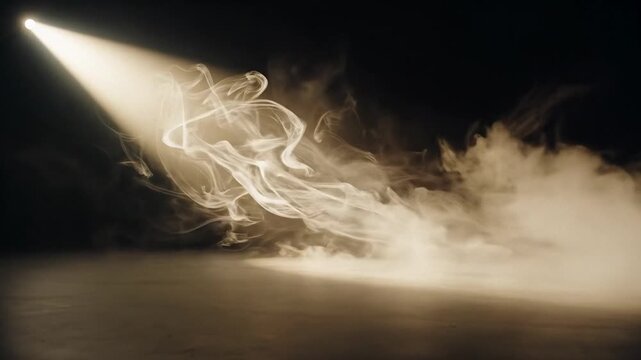 Dramatic stage spotlight cutting through fog, abstract smoke swirls on dark studio floor, cinematic atmosphere for concert promo, Halloween mood, mystery and suspense