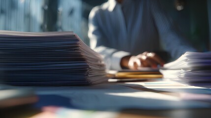Fototapeta premium Paperwork Processing: An individual meticulously reviews a collection of documents, focused on details, signifying a dedication to organization and diligence.