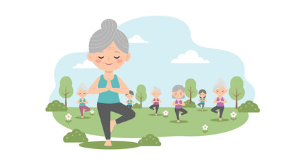 Fototapeta premium A group of elderly women with grey hair are performing various yoga poses in a lush green park setting under a blue sky with white clouds.