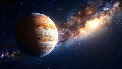 Naklejka premium A breathtaking view of the blue Earth globe and moon orbiting the sun across a dark starry galaxy and vast cosmos atmosphere