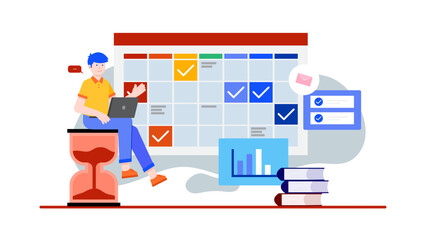 Remote employee sitting on an hourglass while managing a weekly sprint calendar and task board