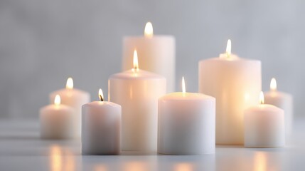 A white background setting featuring multiple candles, each emitting a subtle, peaceful light, ideal for creating a cozy, relaxing environment