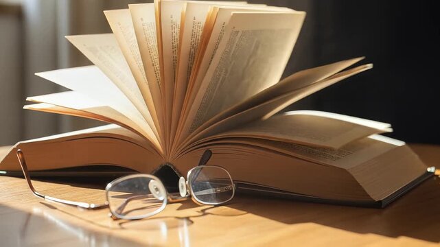 Open book with fanned pages and glasses on a wooden desk in warm light