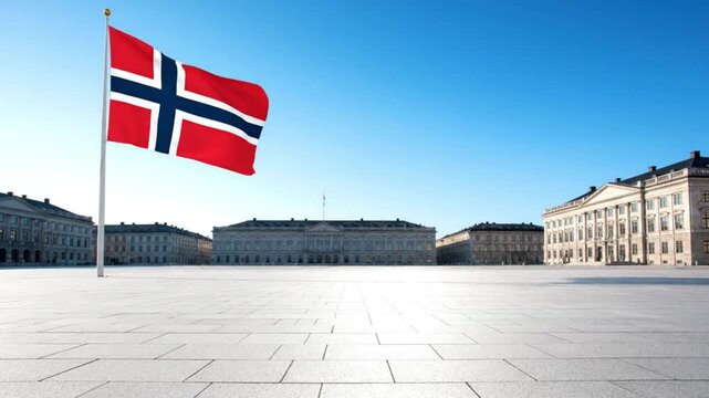 Norwegian flag waving in a large empty square surrounded by historical buildings on a clear day