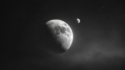 Obraz premium Stunning Realistic Black and White Image of the Moon with a Smaller Celestial Body in Space Surrounded by Distant Stars and Nebulous Clouds, Evoking a Mystical Atmosphere