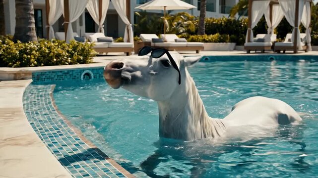 Stylish horse swimming in a luxury pool with sunglasses