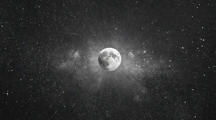 Stunning black and white photograph of a full moon surrounded by stars, creating an ethereal cosmic scene with radiant light beams and deep space ambiance