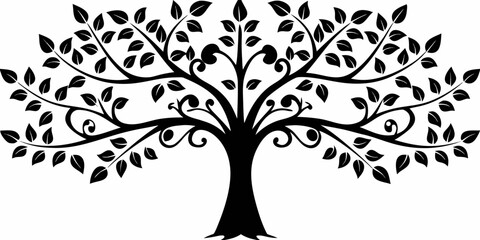Obraz premium Stylized black silhouette of a tree with swirling branches and leaves