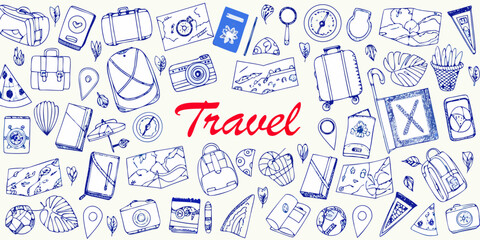 A collection of hand drawn travel themed icons and illustrations © BelaRani