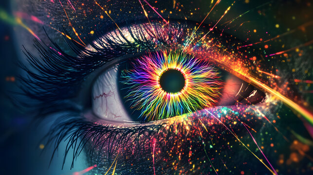 Surreal close-up of a human eye, the iris radiating a psychedelic rainbow fractal, surrounded by glowing particles and cosmic light, suggesting infinite possibility and inner vision
