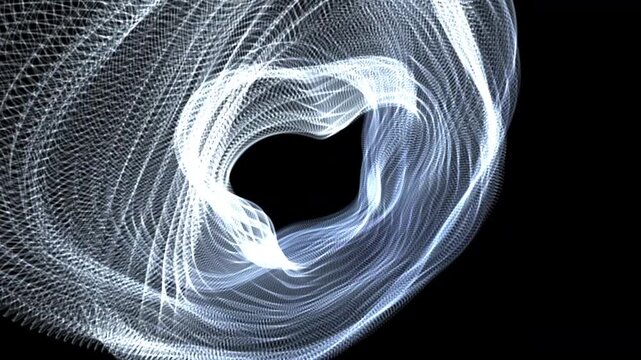 Seamless 4K generative VJ loop of a glowing architectural toroidal structure composed of 12,500 magnetic ribbons. Perfect for Resolume, projection mapping, tech keynotes, and EDM stage visuals.