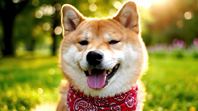 Happy shiba inu enjoying sunny day in vibrant green park