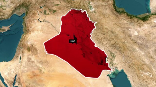 Iraq map animation with location pin marker, highlighted country outline, Middle East geographic region infographic, political world map design