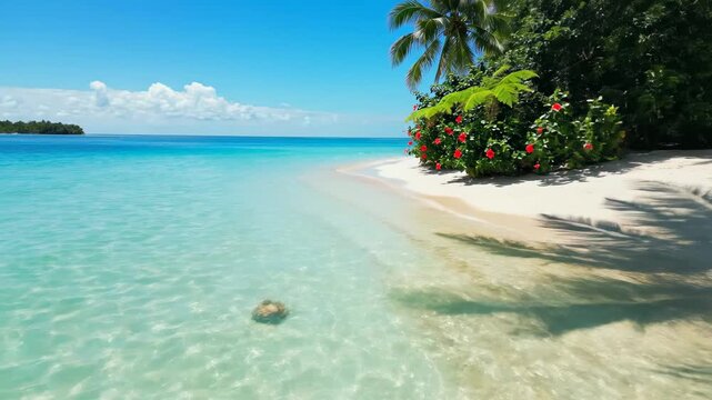 Tranquil tropical island beach with crystal clear waters and lush greenery