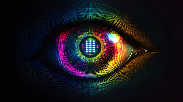 Close-up of a dazzling eye with a colorful digital grid iris, surrounded by neon light rays and abstract technology elements.