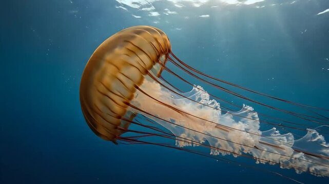orange jellyfish gliding underwater in clear blue ocean