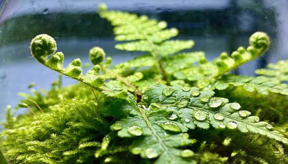Close-up view of lush green fern leaves with water droplets on vibrant moss and foliage in a natural outdoor setting du daylight
