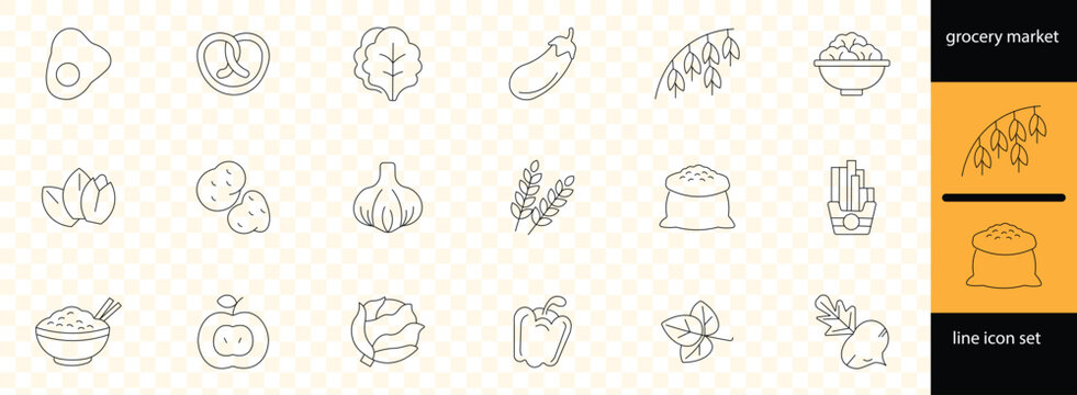 Grocery food and product categories line icon set of 77 editable stroke symbols &ndash; stuning thin outline vector icons for business, e-commerce and design projects 