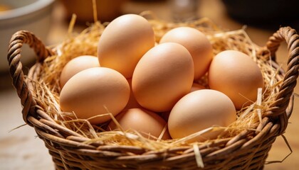 Fresh farm eggs in a woven basket with straw lining showcasing natural food ingredients for breakfast cooking and healthy diet concept