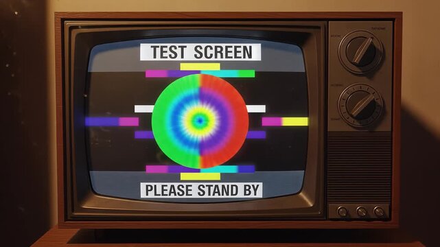 Retro TV test screen with color wheel and rainbow bars in a vintage wooden frame