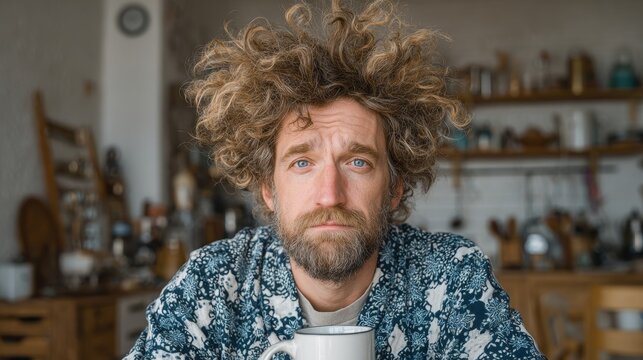 Sleepy unshaved man in pajamas holding coffee mug and glass of water in messy living room, morning after party mood with natural tones and realistic lifestyle humor.

