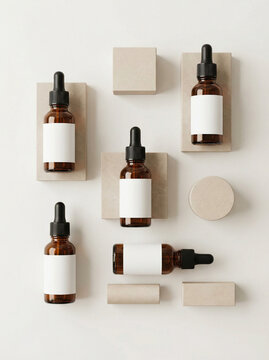 Overhead view of multiple amber glass dropper bottles with blank white labels, arranged withor wellness product mockups.