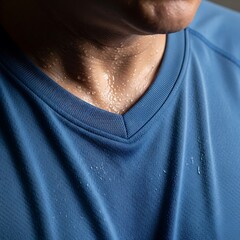 Fototapeta premium A man's neck and chest are covered in sweat after exercise. Diverse fans celebrating football match in 2026 soccer world championship.