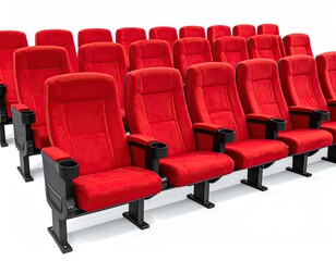 Fototapeta premium Close-up of rows of plush, red theater seats with cupholders, against a bright white background