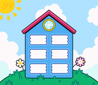 House shaped reward chart template with blank label spaces, sunny sky, clouds, and flowers. Colorful cartoon illustration designed for kids behavior tracking, chore chart, classroom activities