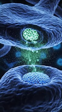 CGI Visualization of Neurological Aging Process Synaptic Vesicle Release and Neurotransmitter Diffusion Across a Synapse in Blue and Green Tones for Medical Education